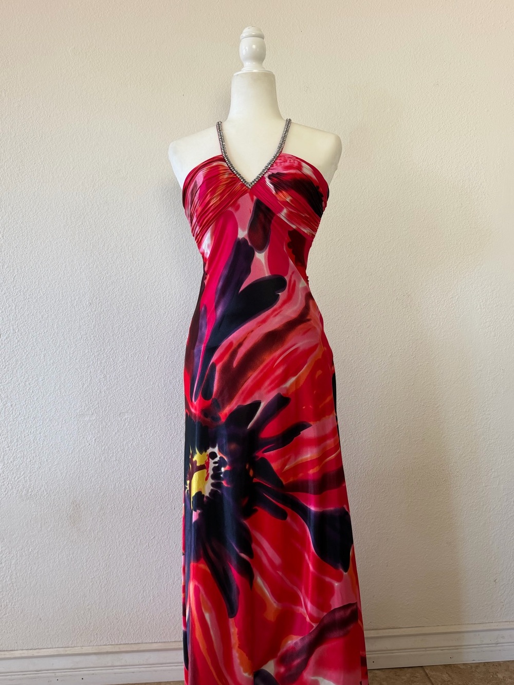 Morgan & Co. Pink and Black Beaded Halter Maxi Dress